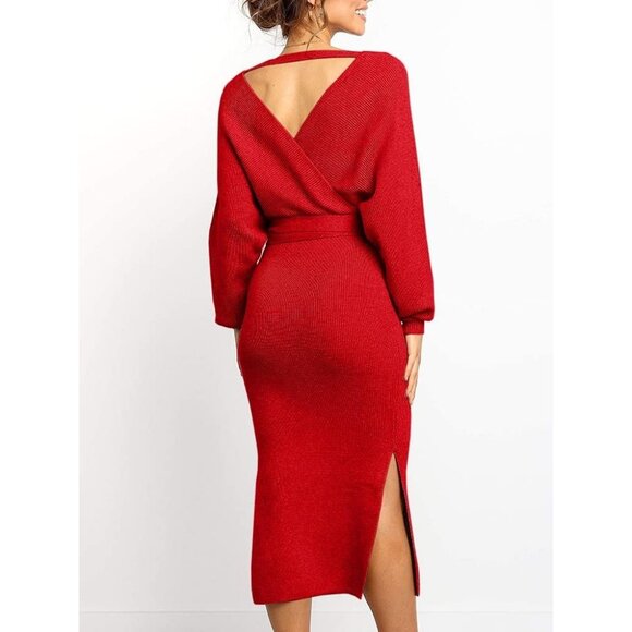 Women's Long Maxi Sweater Dress V Neck Slit Open Bodycon Dress with Belt Red - Picture 3 of 7